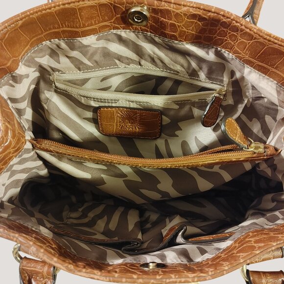 Anne Klein New York Satchel Shoulder Handbag Crocodile Embossed Logo Tote Brown - Picture 5 of 11